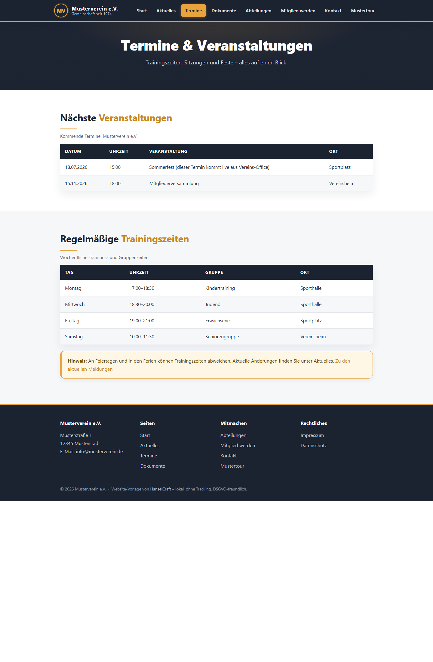Vereins-Website: Termine