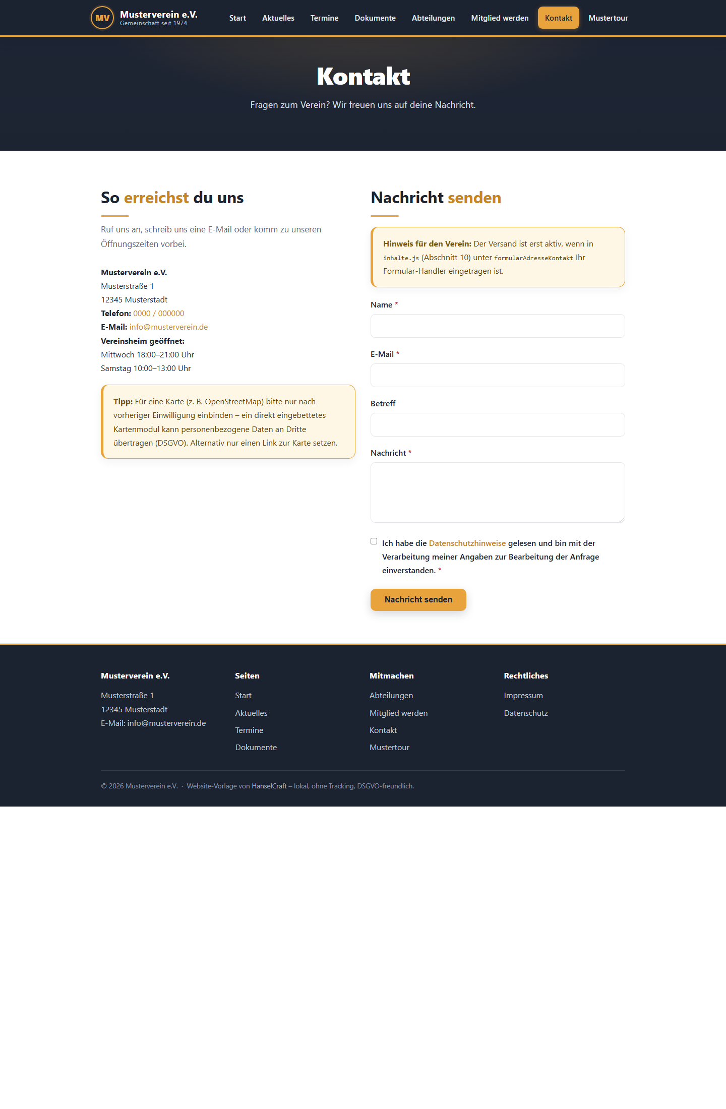 Vereins-Website: Kontakt