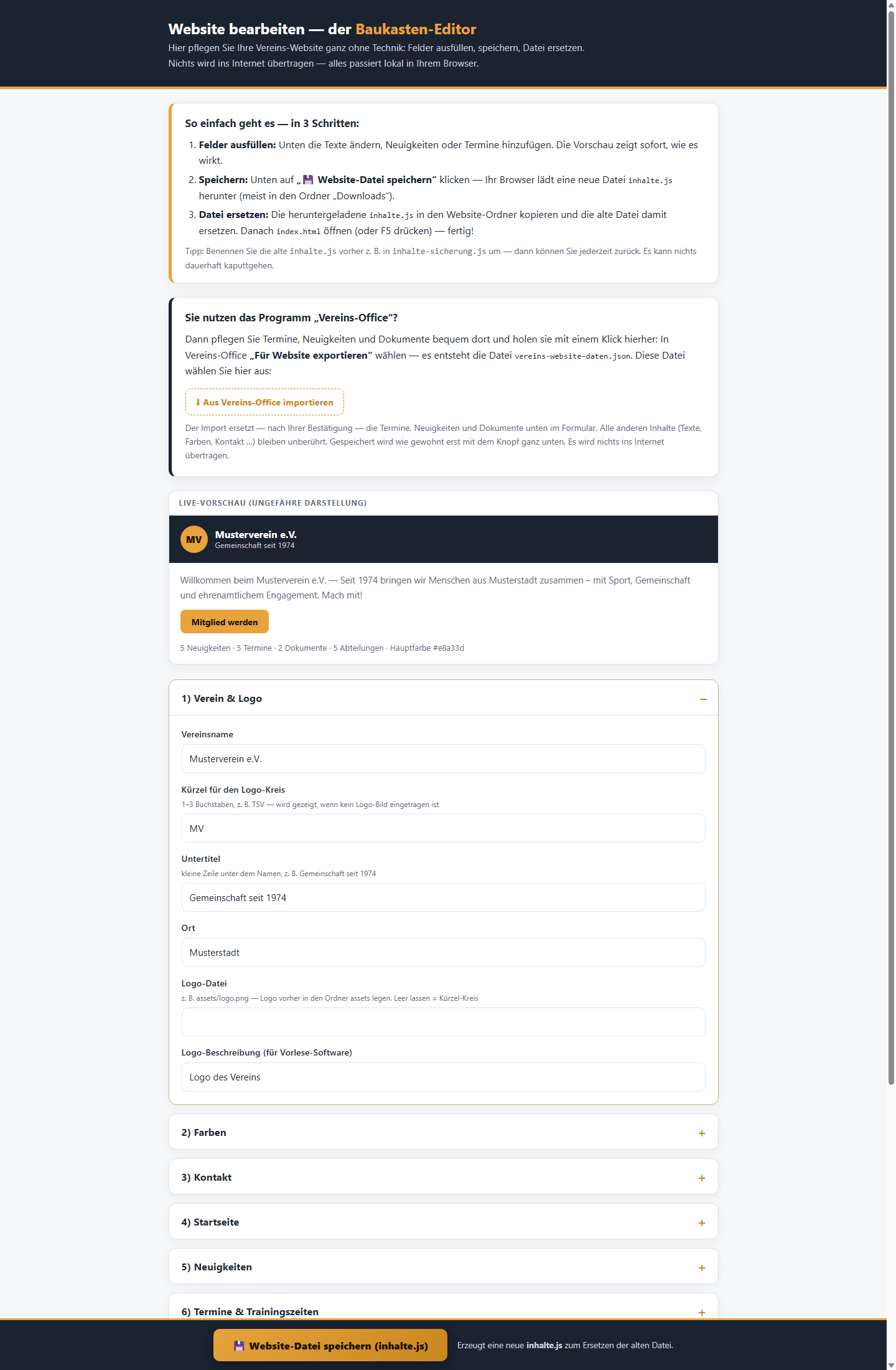 Vereins-Website: eingebauter Selbst-Editor (bearbeiten.html)